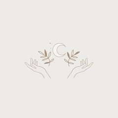 Fashion beauty moon logo template. Minamalism style moon logotype. Elegant hand hold moon logo with stars, leaves and plants. Elegant. Luxury. - 463788706