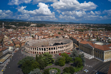 Fototapeta na wymiar Verona, Italy aerial view of the historic city. Aerial panorama of Piazza Bra in Verona. Famous amphitheater in Italy aerial view.