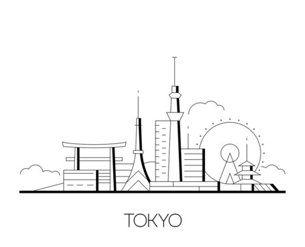 Tokyo Skyline, Japan. Vector Illustration Line Art