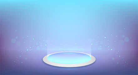 Round podium scene, futuristic style mock up. Round glow platform on the floor. Vector product presentation stage pedestal or platform. Technology gaming background.