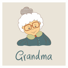 Happy aged lady - grandmother. Positive elderly woman portrait with smile. Old people emotions and expressions vector illustration
