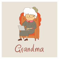 Happy aged lady - grandmother. Positive elderly woman use the laptop sitting in armchair. Old people emotions and expressions vector illustration
