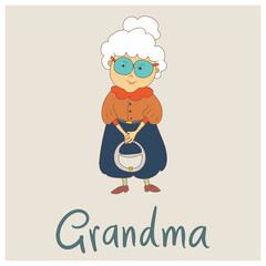 Happy aged lady - grandmother. Positive elderly woman with bag. Old people emotions and expressions vector illustration
