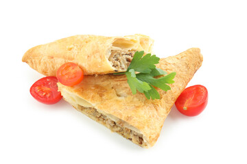 Crispy samsa with ingredients isolated on white background