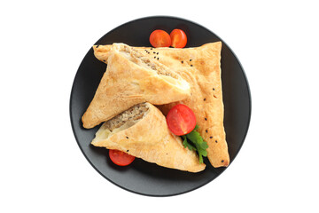 Samsa with ingredients on plate isolated on white background