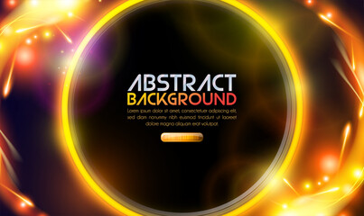 Abstract neon ring with light effect background. Orange glowing circle. Realistic round light fire flame frame. Flashes of light on the Emerald Circle. Empty space for text. Vector EPS10.