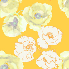 Poppiea graphica and watercolor on yellow background seamless pattern for all prints.