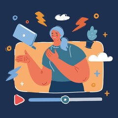 Vector illustration of Blogger in video over dark background.