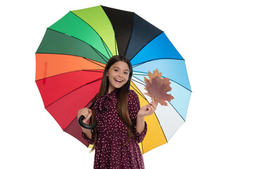 happy teen girl under umbrella in fall season with maple leaf isolated on white, september.