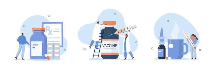 
Flu treatment concept. Doctor preparing vaccine for vaccination program. People receiving treatment and medicaments against influenza and other viruses. Flat cartoon vector illustration and icons set