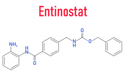Naklejka premium Entinostat cancer drug molecule (HDAC inhibitor). Skeletal formula.