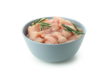 Bowl with raw chicken fillet slices isolated on white background