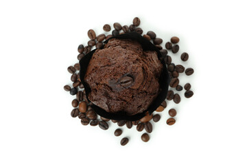 Chocolate muffin with coffee seeds isolated on white background