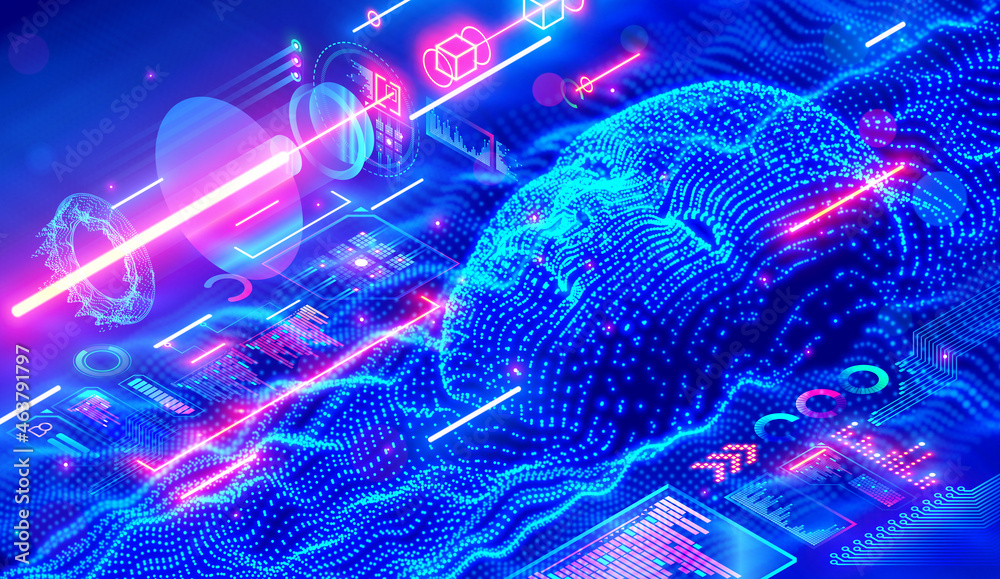 Aufkleber Artificial intelligence or AI in image humanoid head with anthropomorphic face analyzing flow big data. Digital Brain is learning processing data, analysis information. AI isometric illustration.