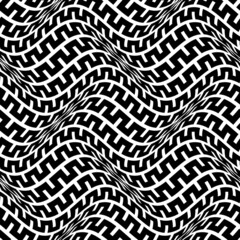 Warped seamless pattern of black broken lines in form of rectangular teeth. Psychedelic optical illusion wavy repeatable texture.