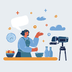 Vector illustration of woman is cooking in the kitchen and make videoconcept for her blog