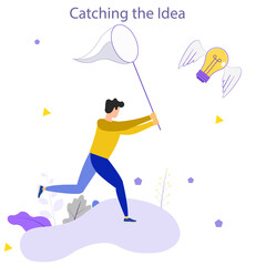 Man with butterfly net catching flying winged lightbulb. Concept of chasing or pursuing innovative business idea