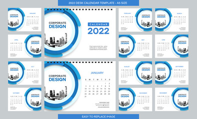 Desk Calendar 2022 template - 12 months included - A5 Size