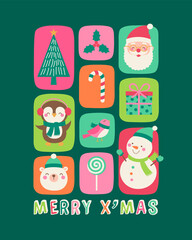 Cute cartoon character and christmas elements design for christmas greeting or invitation card.