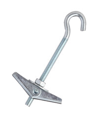 Toggle bolt and wing nut for hanging heavy items. Bolts are made of zinc plated steel. Eyelet screw. Galvanized metal cavity dowel. Universal metal anchors.