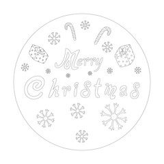 Merry Christmas with cute cartoon characters in circles with black lines. Can be applied to various tasks such as coloring books, art for kids, cards, stickers, t-shirts, backgrounds, logos and more 