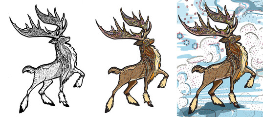 Christmas Reindeer set in patterned style for adult anti stress coloring pages, book, art therapy, painting. Hand drawn zentangle sketch, holiday color in.