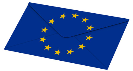 Closed envelope with European Union flag. One closed white envelope with the flag of European Union isolated on white background. 3d illustration