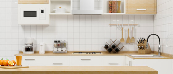 Minimalist kitchen space interior in the background with close-up wooden dining tabletop