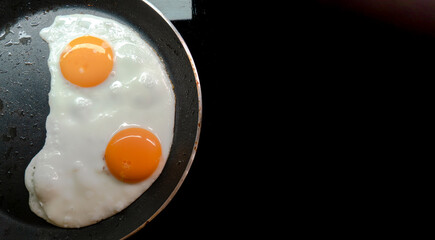 Two fried eggs in a teplon pan.