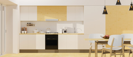 Spacious Modern minimalist kitchen room interior in white and wood material style with dinning table.