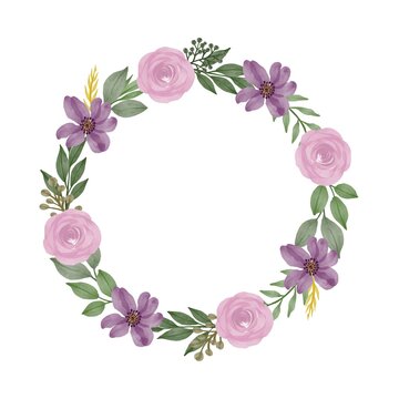 purple watercolor wreath, circle frame with pink roses and purple flower border