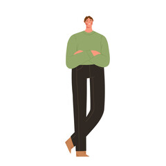 Young man in casual outfit with crossed arms. Modern smiling male character standing isolated on white background. Cartoon flat vector illustration.