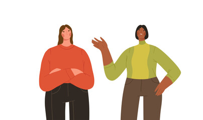 Two women arguing. Concept of friends quarrel, conflict and misunderstanding. Cartoon flat vector illustration.