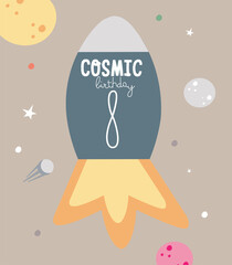 Space Party Invitation Card Template, Birthday Party in Cosmic Style Celebration, Greeting Card, Flyer Cartoon Vector. Kids illustration with rocket and number eight.