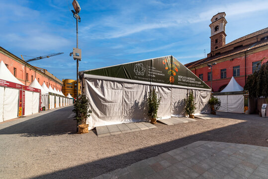 Alba, Cuneo, Piedmont, Italy - October 12, 2021: pavilions of the International Alba White Truffle Market courtyard of the Magdalene at time of the Truffle Fair