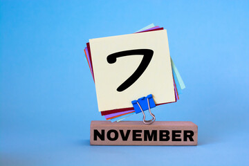 November 07. 7th day of the month, calendar date. Autumn month, day of the year concept