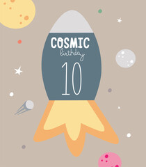 Space Party Invitation Card Template, Birthday Party in Cosmic Style Celebration, Greeting Card, Flyer Cartoon Vector. Kids illustration with rocket and number ten.