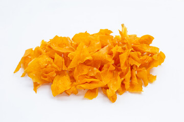Sweet potato chips on white background.