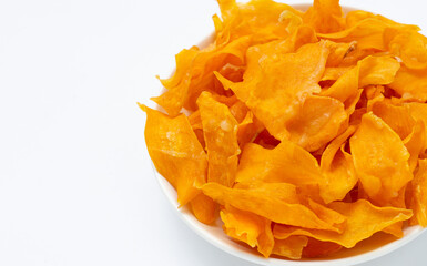 Sweet potato chips with sugar on white background.