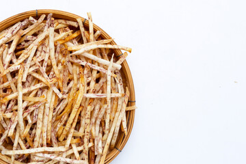Fried taro sticks in bamboo basket