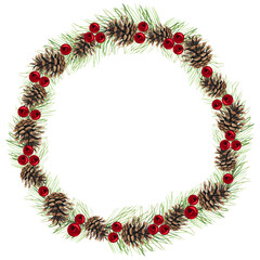 Watercolor Christmas wreath with pine cones decor,  Christmas wreath, Decorative Christmas ornament, Pine branches isolated on white background, Watercolor Christmas wreath, Botanical winter design