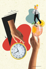 Contemporary art collage of human hands, alcohol cocktail, clock and man in official suit with...