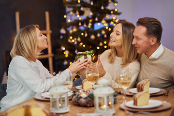 Friends celebrating christmas party holding wine