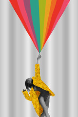 Contemporary art collage of beautiful female dancer in yellow drawn jacket touching rainbow...