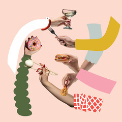Contemporary art collage of human hands holding various food, burger, chicken, alcohol glass,...