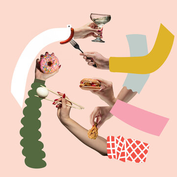 Naklejki Contemporary art collage of human hands holding various food, burger, chicken, alcohol glass, donut, egg, sausage. Party concept