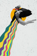 Contemporary art collage of young beautiful girl, dancer in a fly with colorful rainbow element