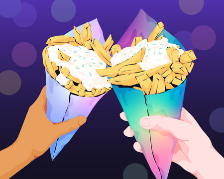 Diverse hands holding cone of chips at festival