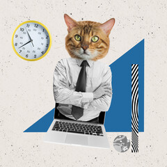 Contemporary art collage of man in official cloth with cat head isolated over textured background....