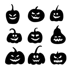 Set of Halloween pumpkins silhouettes in black. Jack lantern emotion icons collection. Different facial expressions. Simple style isolated on white background. Vector.